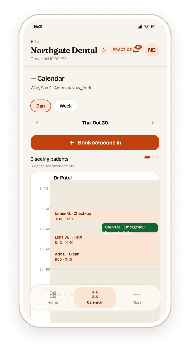 The Callra dental diary, with sample data