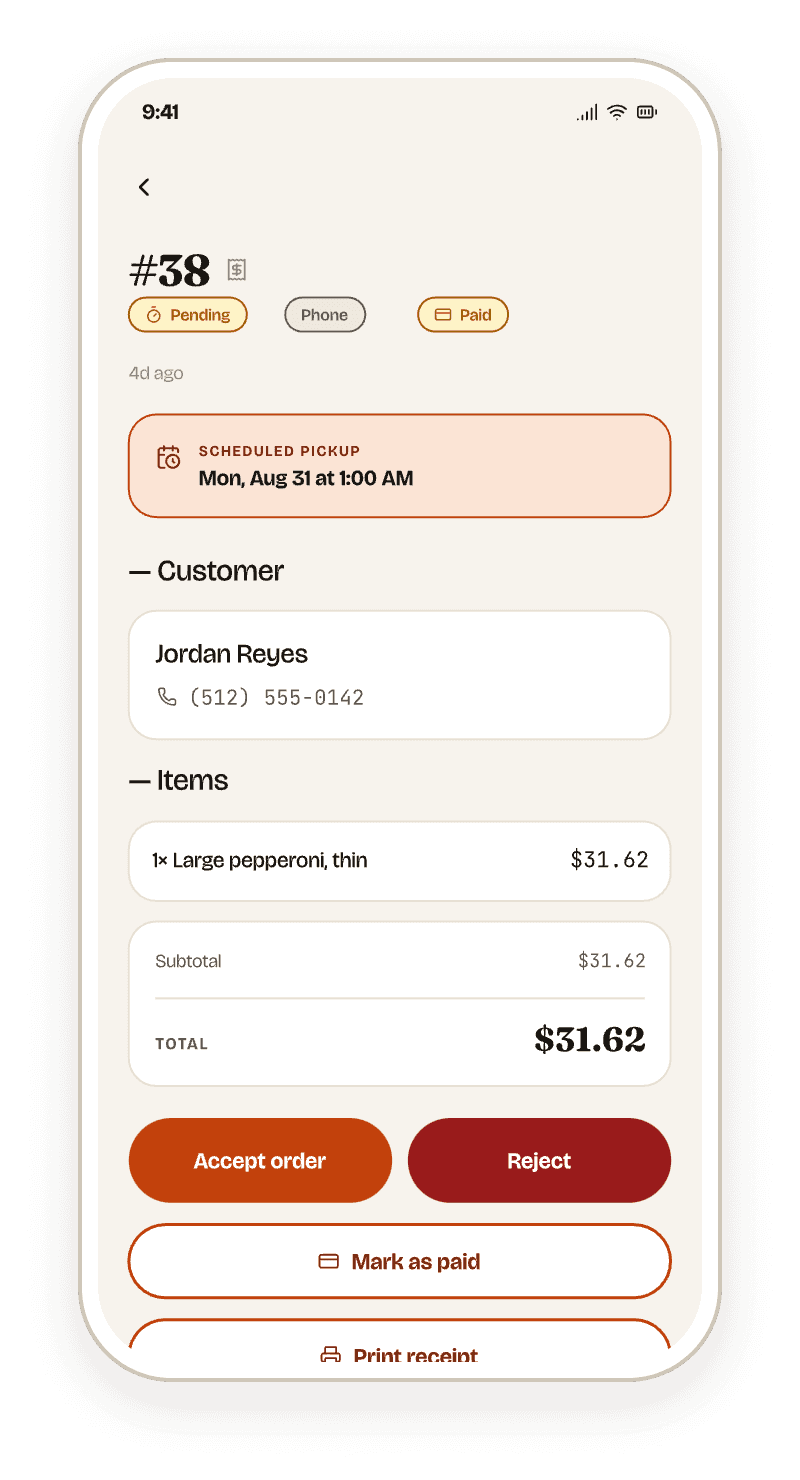 An order in the Callra app, with sample data