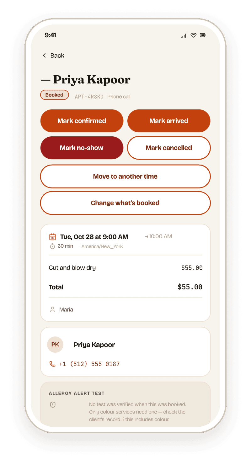 An appointment in the Callra salon app, with sample data