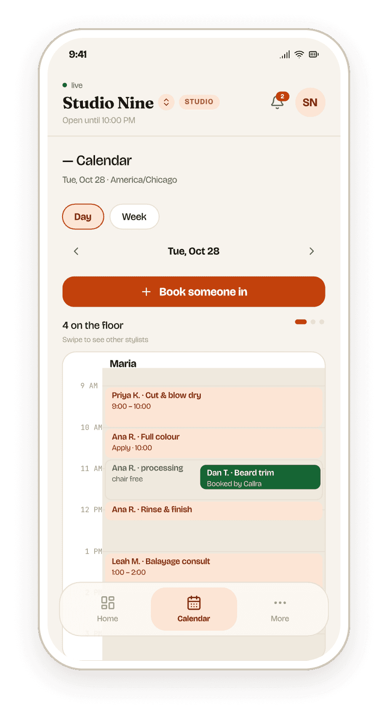 The Callra app for salons & barbers, with sample data