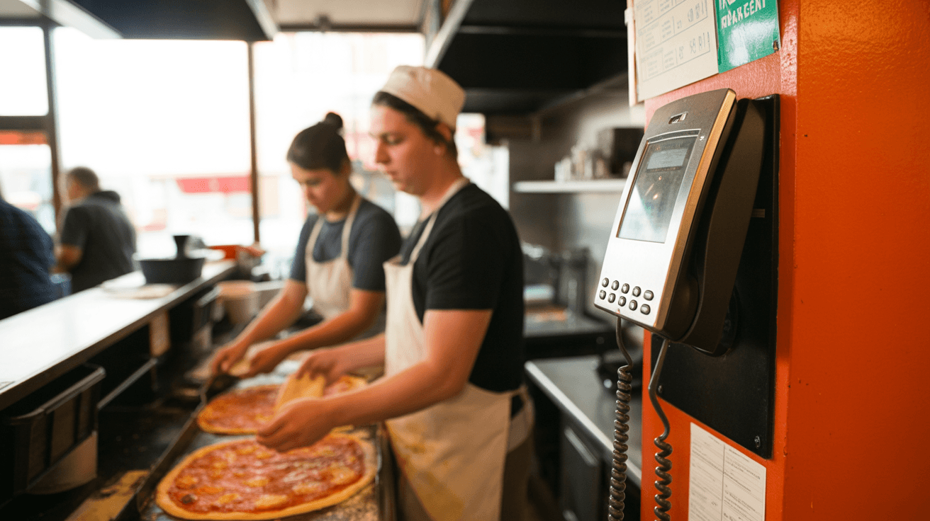 A wall phone ringing in the foreground of a busy pizza kitchen while two cooks work the make line behind it.