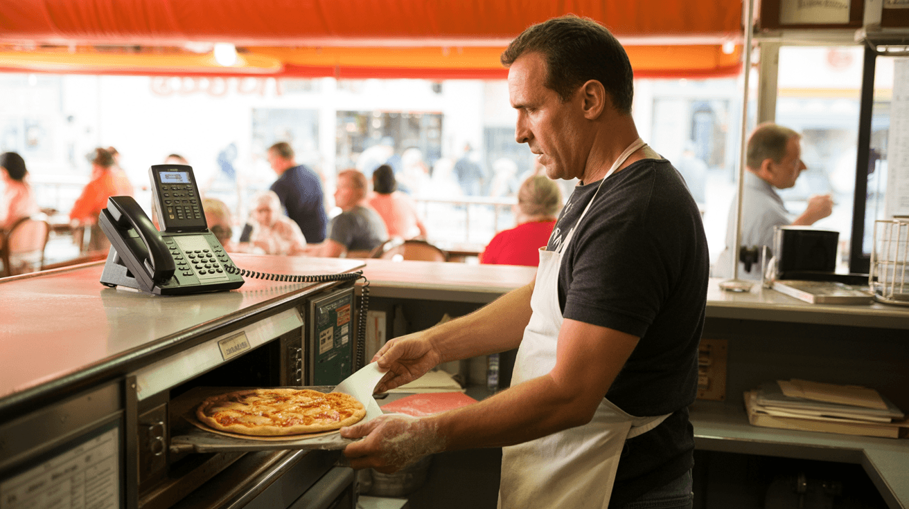 A pizza shop owner loading an oven during a busy service while a phone rings unanswered on the shelf beside them.