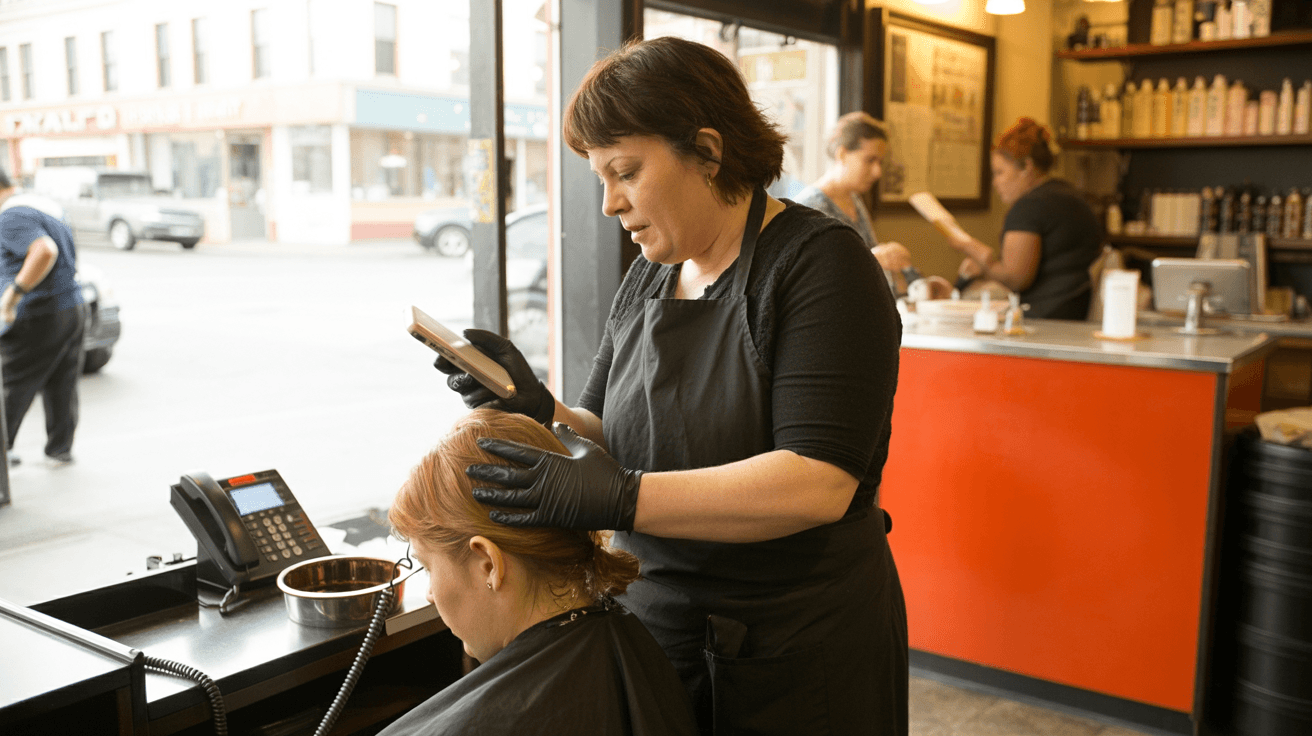 A stylist applying colour with gloved hands looks over at a phone ringing on the salon counter beside her tint bowl.