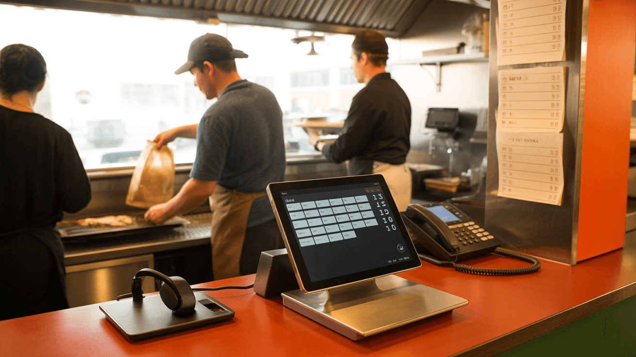 A modern restaurant make line at night with cooks plating orders while a tablet POS sits idle on the pass, phone lines handled off-camera.